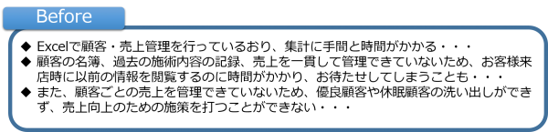 Excelで顧客・売上管理を行っているおり、集計に手間と時間がかかる・・・ 顧客の名簿、過去の施術内容の記録、売上を一貫して管理できていないため、お客様来店時に以前の情報を閲覧するのに時間がかかり、お待たせしてしまうことも・・・ また、顧客ごとの売上を管理できていないため、優良顧客や休眠顧客の洗い出しができず、売上向上のための施策を打つことができない・・・