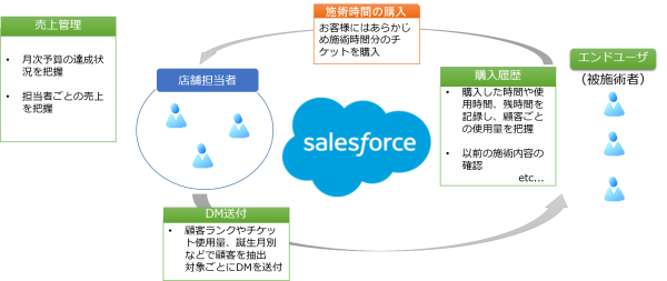 月次予算の達成状況を把握 担当者ごとの売上を把握購入した時間や使用時間、残時間を記録し、顧客ごとの使用量を把握 以前の施術内容の確認　顧客ランクやチケット使用量、誕生月別などで顧客を抽出 対象ごとにDMを送付