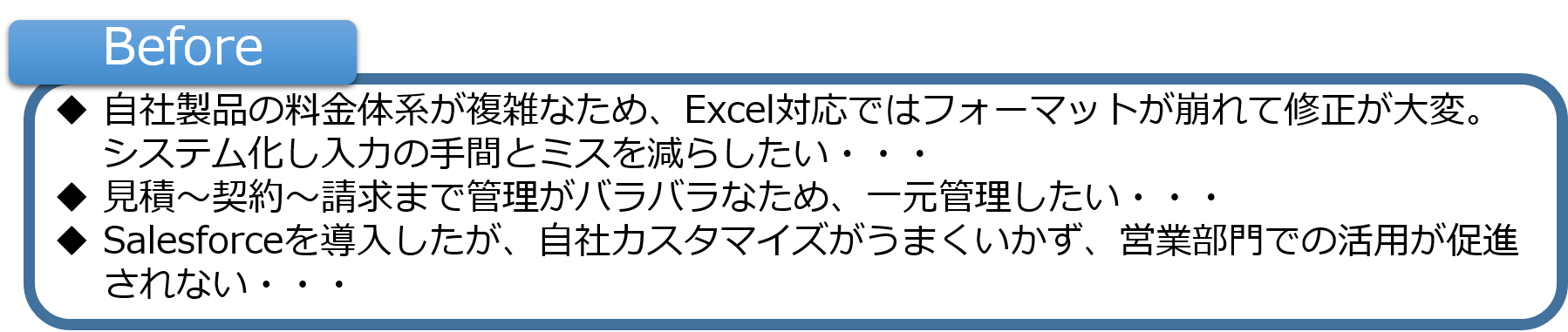 自社製品の料金体系が複雑なため、Excel対応ではフォーマットが崩れて修正が大変。 　 システム化し入力の手間とミスを減らしたい・・・ 見積〜契約〜請求まで管理がバラバラなため、一元管理したい・・・ Salesforceを導入したが、自社カスタマイズがうまくいかず、営業部門での活用が促進されない・・・
